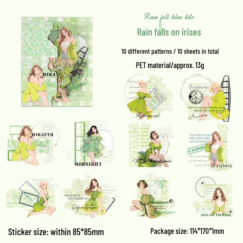 ZABC Morning Twilight Series: 10 Decorative Cross-border Character and Scenery Stickers on PET Paper.