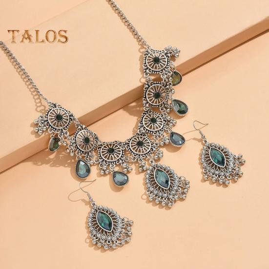 1 Set Necklace Earrings Set Rhinestone Decor Water Drop Bohemian Hollow Out Symmetric Polished Prom Party Wedding Party Bride Jewelry Set