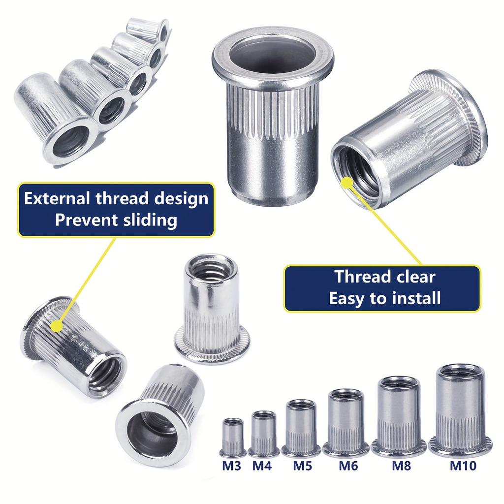 205pcs Aluminum Rivet Nut Set, Knurled Flat Head Threaded Insert Nuts, Right Hand Thread, Unthreaded, for Sheet Metal, Furniture, Automotive