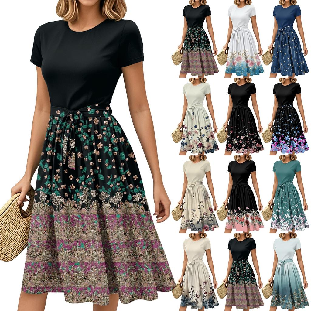 Mote Dame Casual Belte Kortermet Rund Hals Geometrisk Trykk Spleiset Elegant Temperament Kjoler