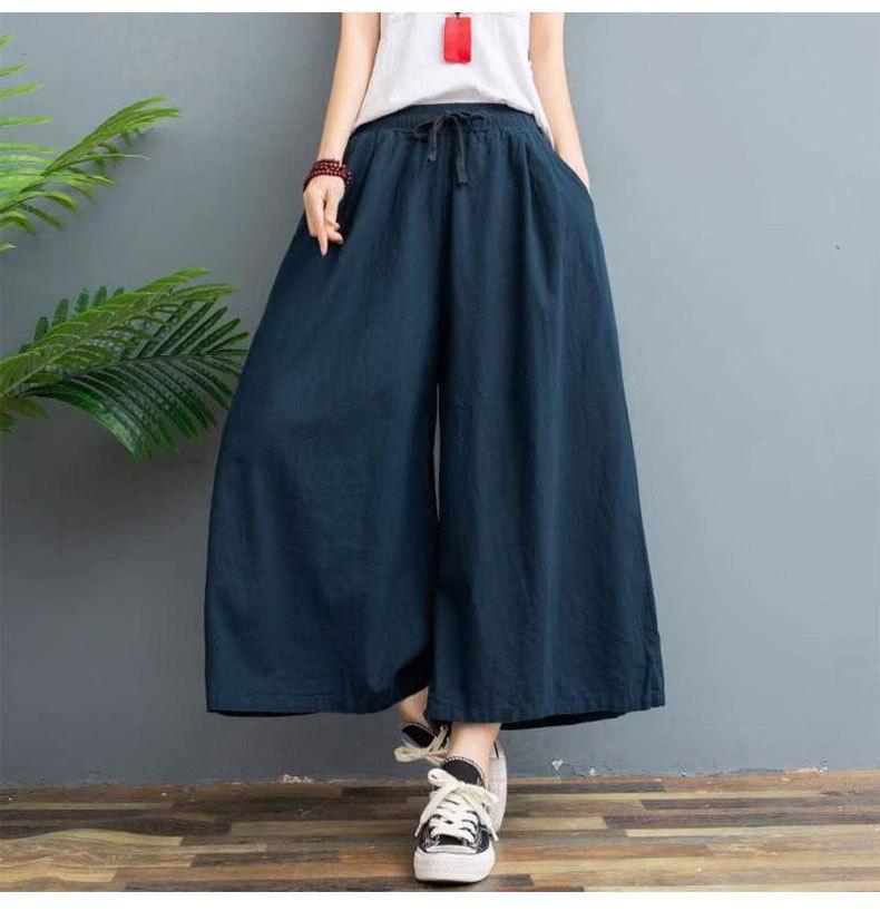 Dámské bavlněné lněné kalhoty nadměrné velikosti Retro kapsy Volné kalhoty Dámské jednobarevné kalhoty s elastickým pasem Dámské