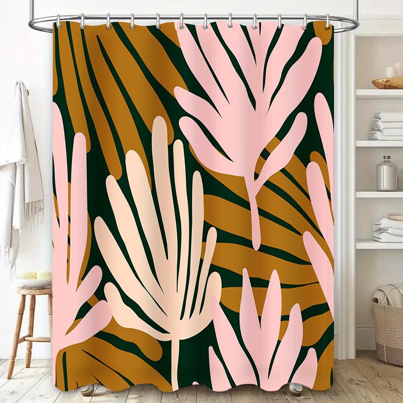 Pink Palm Leaves Shower Curtain Green Gold Colorful Bathtub Liner For Home Bathroom Decor Size 69X70 In