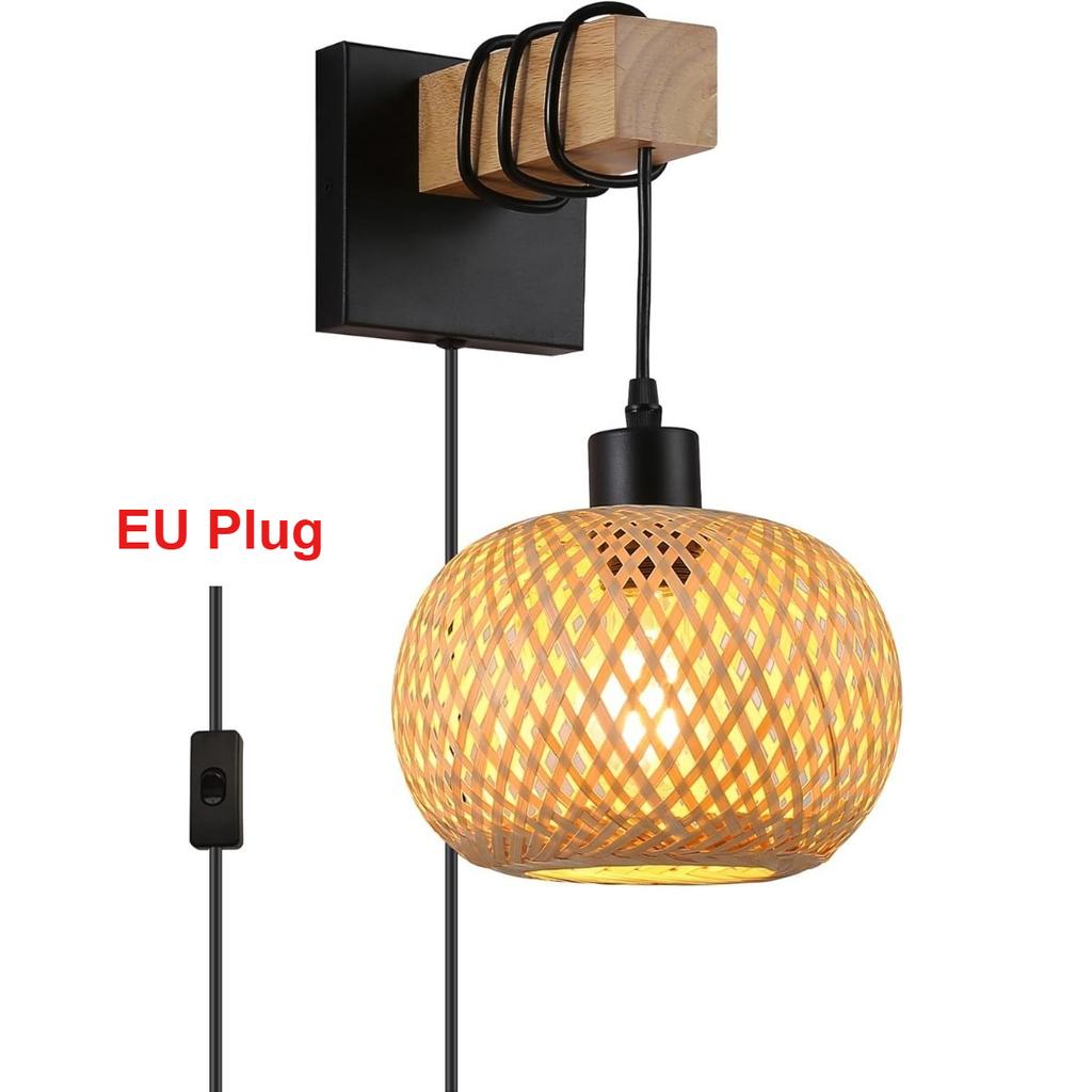 JOYINLED Japanese Boho Chandelier, E27 Bamboo Woven Wall Light for Bedroom Bathroom Living Room Vintage Rattan Plug-in Lamp 20cm