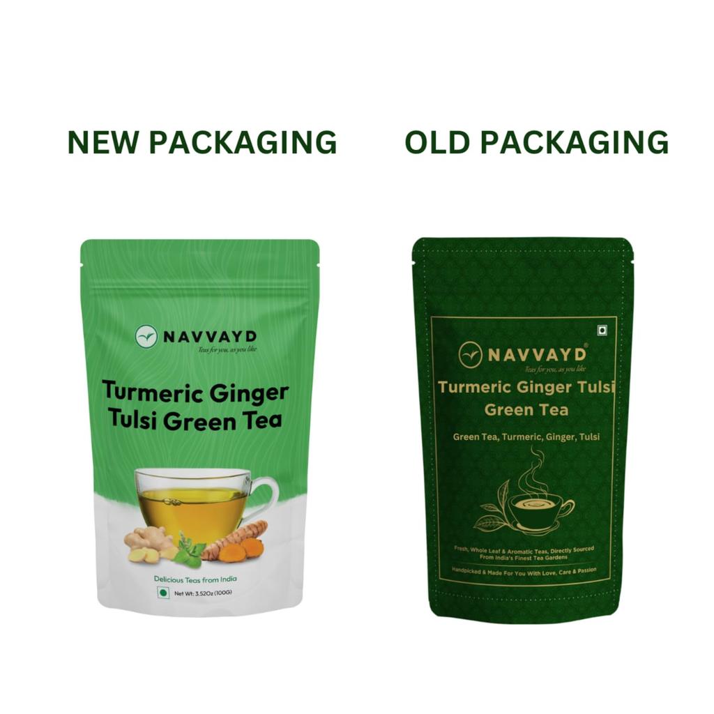 Navvayd Turmeric Ginger Tulsi Green Tea (100 Gm 50 Cups), Super food Turmeric Tea, Ayurveda Blend