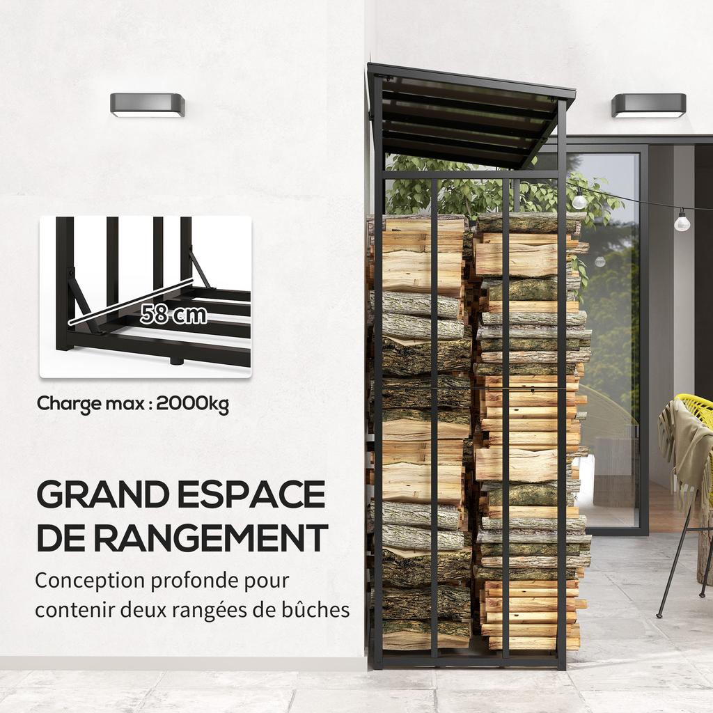 Outdoor log shelter log rack maximum load 2000 kg with waterproof protective cover 185 x 62 x 184 cm black