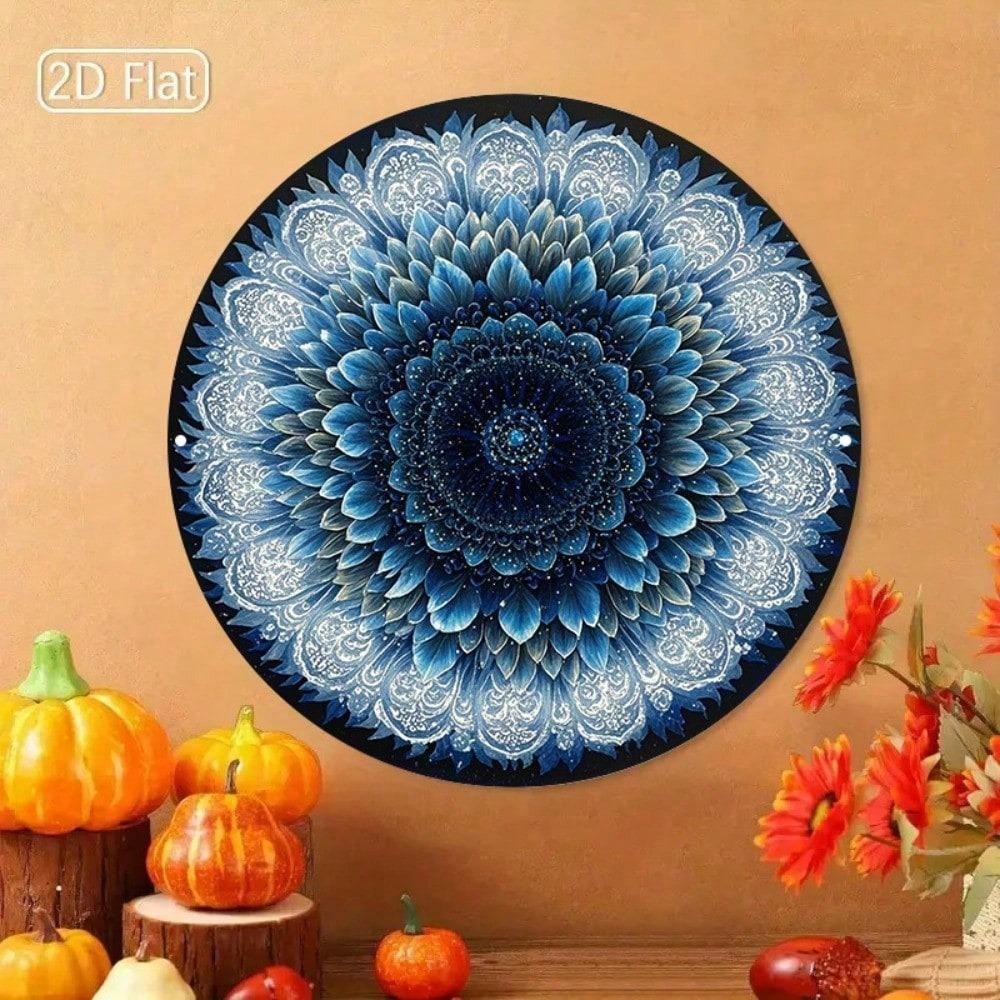 Vintage Retro Blue Sunflower Metal Wall Art 8x8 Inch Round Aluminum Geometric Floral Home Decor