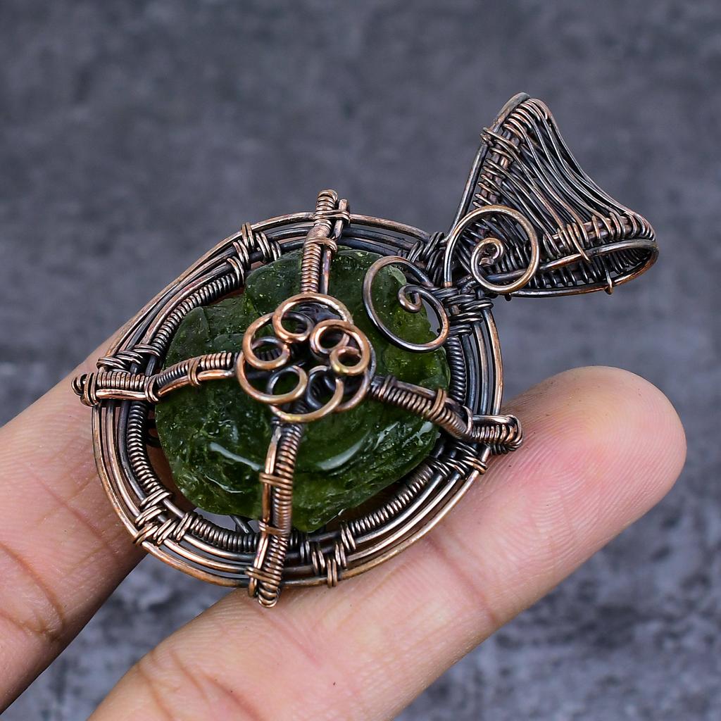 Natural Moldavite Quartz Gemstone Copper Wire Wrap Jewelry Pendant 2.44" M8r02
