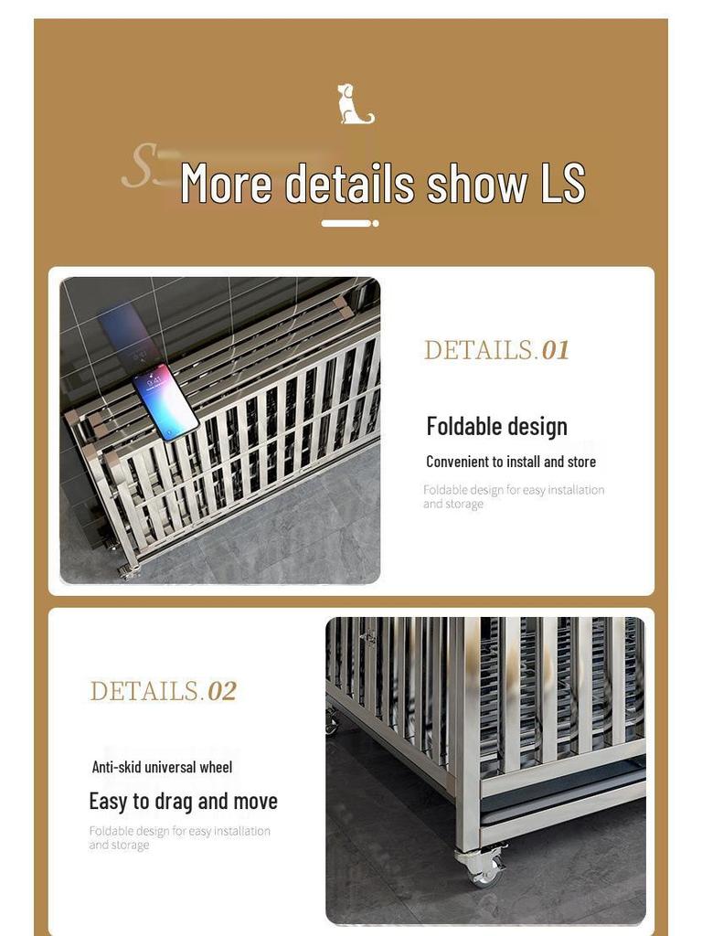 Foldable Stainless Steel Dog Cage with Toilet for Large, Medium, Small Dogs - Indoor Home Pet Kennel for Golden Retrievers & Teddies