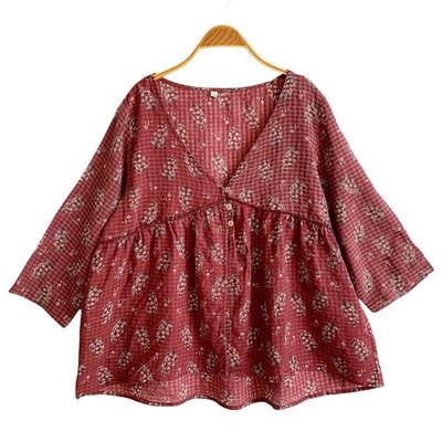 Donna Stampa Primavera Scollo a V Casual Vintage Maglietta Moda Vintage Stile Cinese Retrò Maglietta