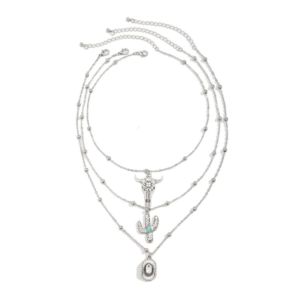 European and American Jewelry Retro Imitation Turquoise Sweater Chain Niche Beaded Necklace Set Ethnic Style Cactus Necklace Decoration