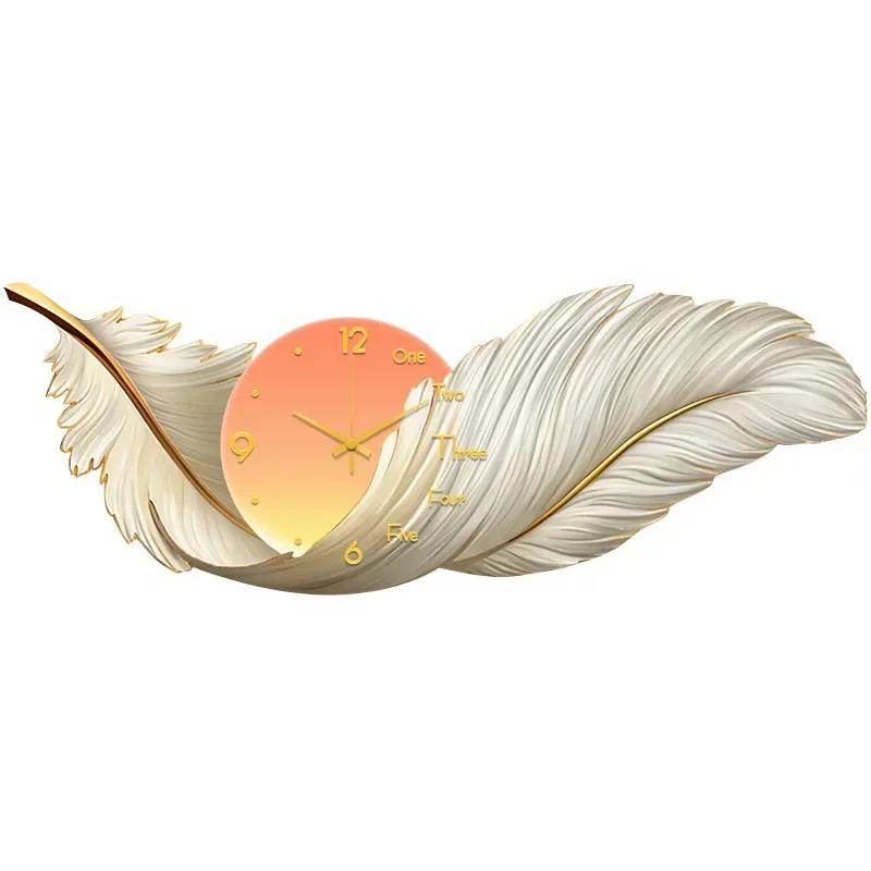 Wall Clock Large Luxury Art Clocks Decor Picture Silent Living Room Wall Feather Decoration Watch Renoj De Pare Home DecorP4M5U3