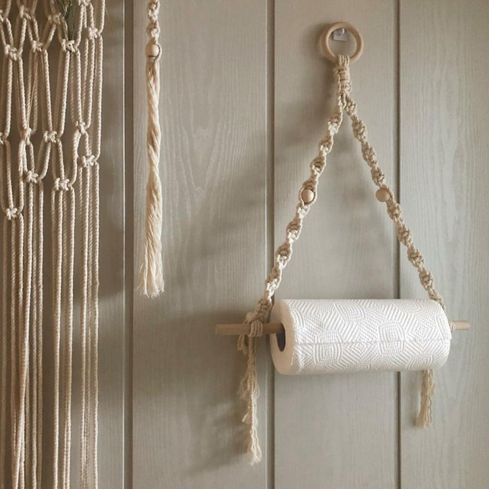 Nordic Wooden Stick Toilet Paper Holder Wall Hanging Hand-woven Tapestry Macrame Kitchen Bathroom Towel Rack Decoration
