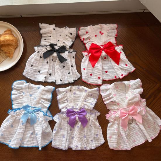 Pet Dress Love Heart Print Sleeveless Ruffle Bowknot Decor Breathable Spring Summer