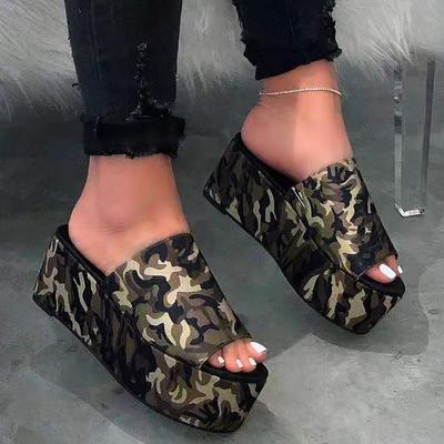Dames Zomer Sandalen Mode Dames Zomer Stof Camouflage Slip-on Casual Open Teen Sleehakken Comfortabel Strand Chaussure Femme