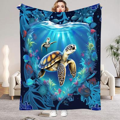 1pc Blue Blanket Sea Turtle 3D Printed Comfortable Flannel Blanket for Home Living Room Bedroom Decor Birthday Gift