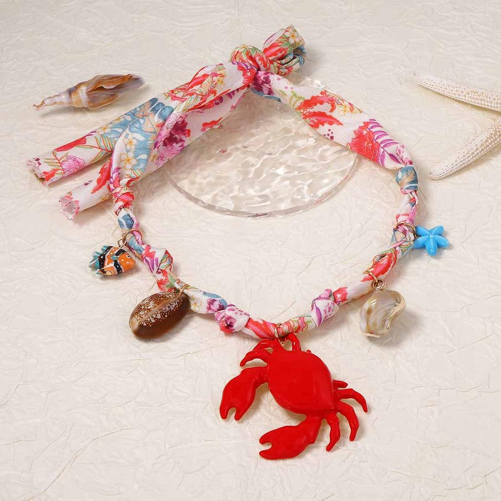 Vacation Ocean Style Alloy Enamel Crab Conch Ceramic Fish Pendant Braided String Colorful Necklace Fashion Jewelry For Women