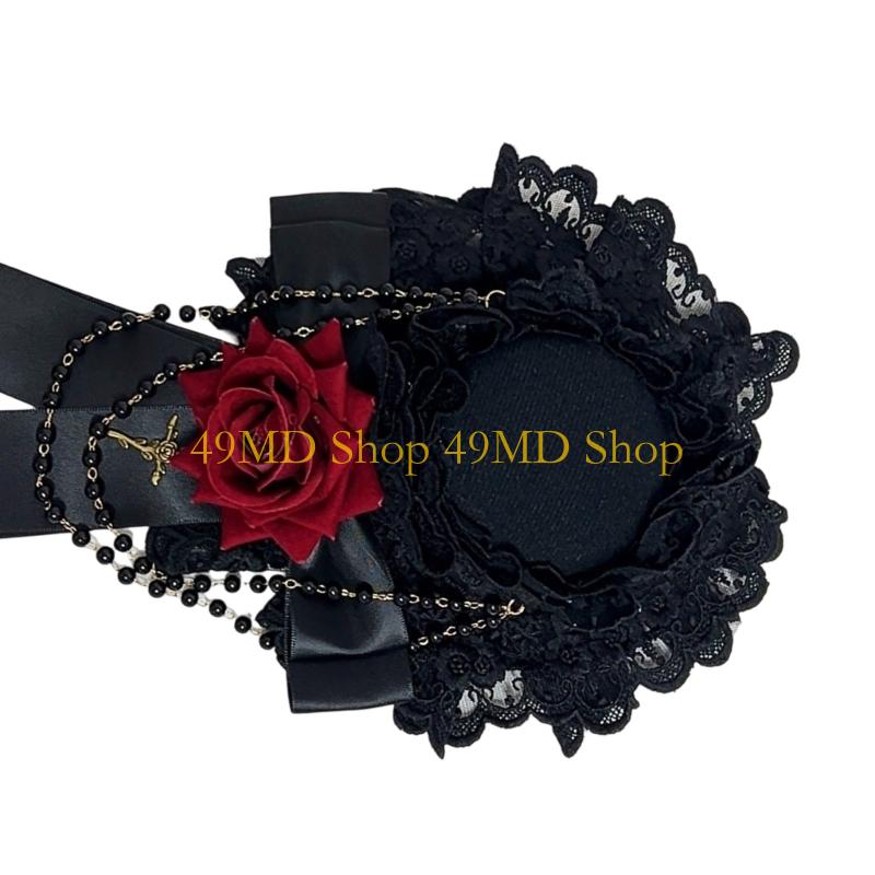 49MD Ornate Gothic Wedding Fascinator With Rosette Ribbon Roses And Adjustable Hair Clip Design
