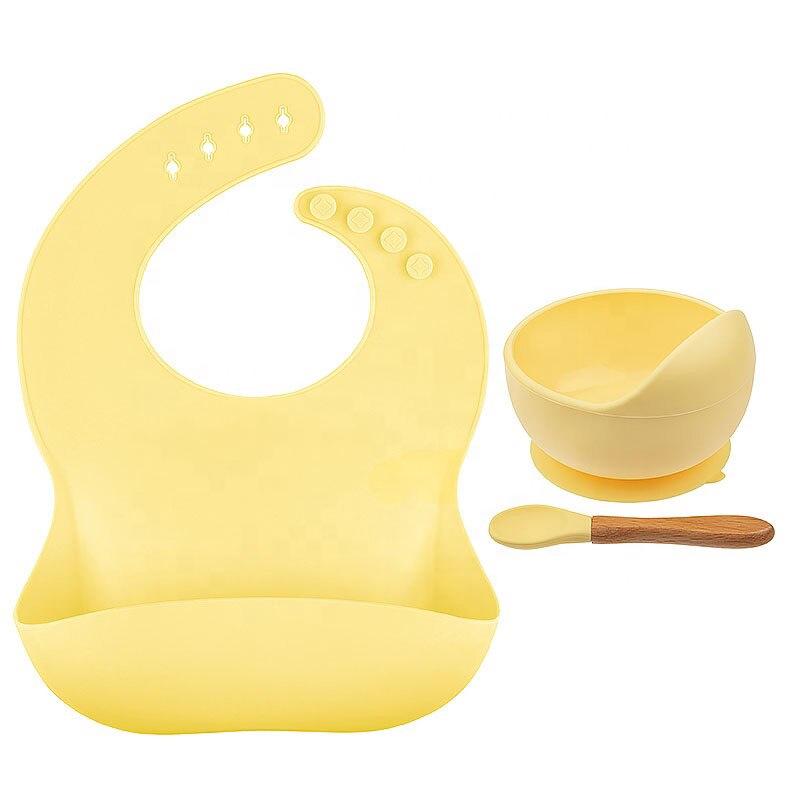 Silicone Bib & Tableware Set: Snail Bowl, Wooden Handle Spoon & Fork - Child Safe 3-Piece Feeding Kit