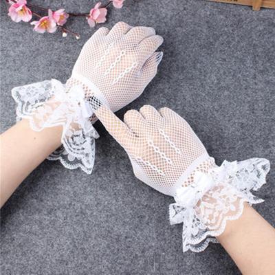 Women's Short Lace Gloves Sheer Mesh Tulle Wrist Length Gloves with Bow Wedding Bridal Fishnet Gloves Opera Tea Party Accessory