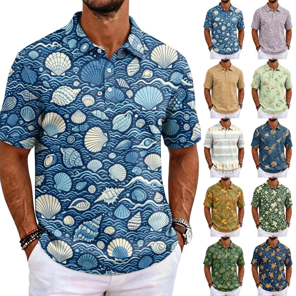 Men's Short Sleeve Polo Shirt Hawaiian Style Loose Fit Casual Top Button Down Collar Soft Fabric All Over Print Design