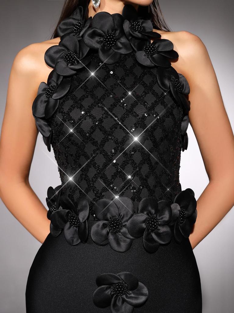 Cross-Border New Fashion 3D Floral Sequin Sleeveless Bodycon Evening Gown