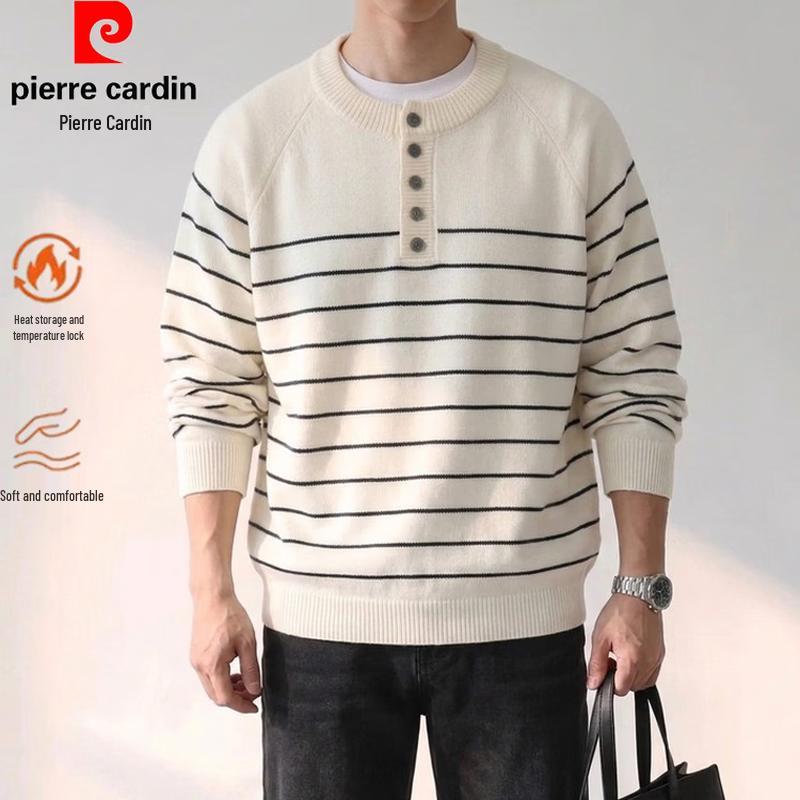 Pierre Cardin Men's Old Money Vintage Striped Henley Knit Sweater