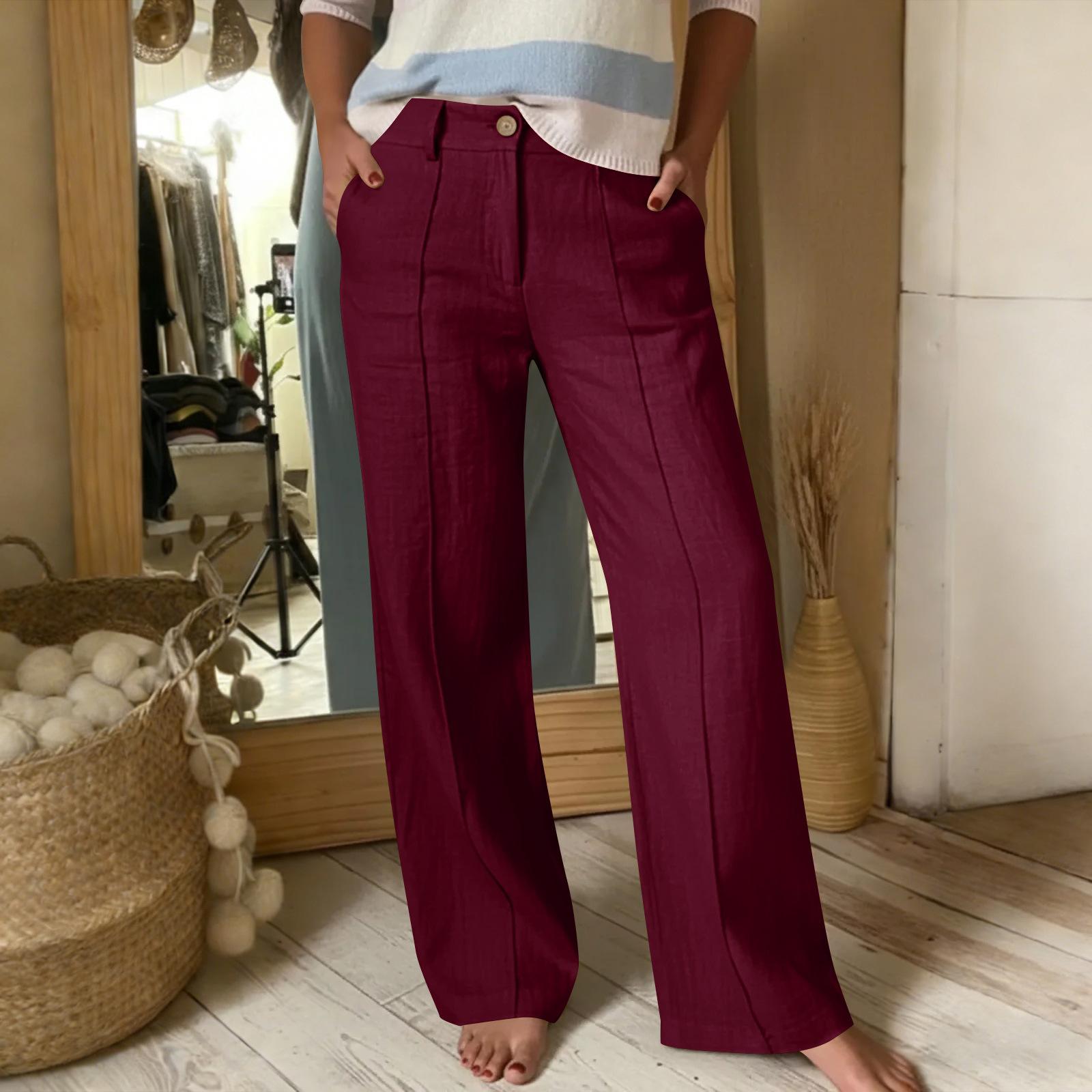 Women s Fashion High-Waisted Casual Wide-Leg Pants With Buttons And Zipper S винный