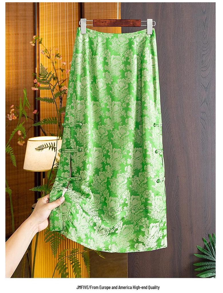 2026 Spring/Summer Women's Black Silk Midi Skirt - Chinese National Style, Jacquard A-line with Slit