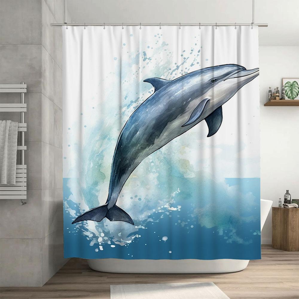 Watercolor Dolphin Shower CurtainModern Waterproof Fabric with Blue Splash Print for Bathroom Decor 180 x 274cm (Large Size)