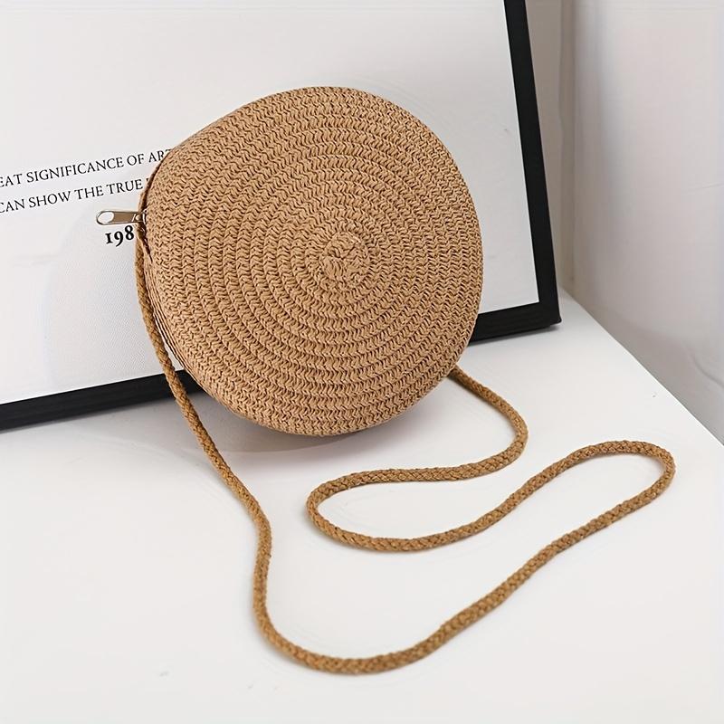 

1pc Handmade Bohemian Style Round Woven Tote Bag - Zipper Closure, Durable Shoulder Strap, Perfect for Beach Vacations, Beach Tote Bag