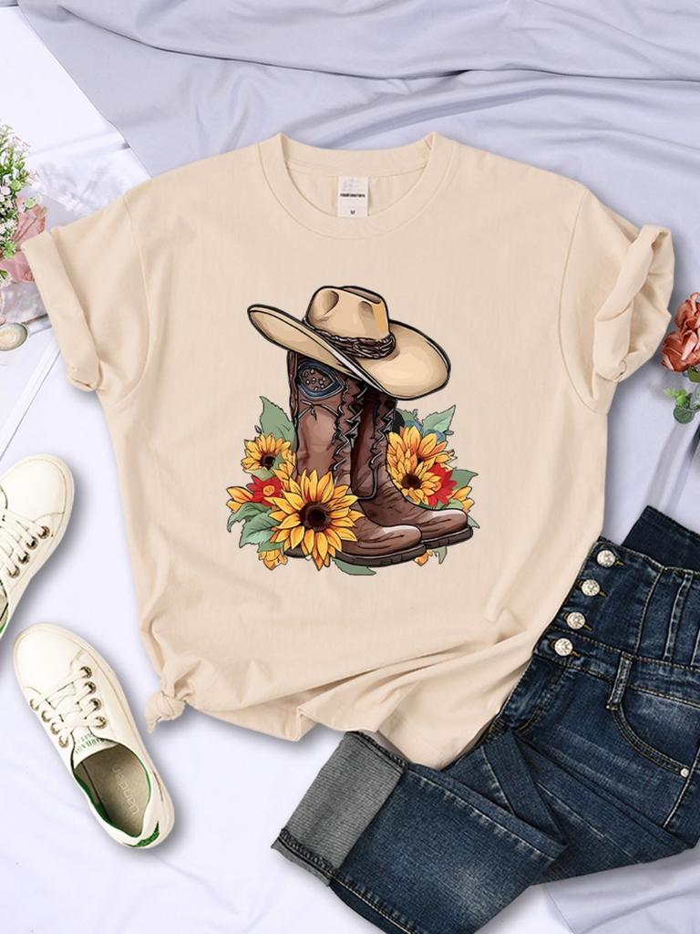 Cartoons Unisex Tshirts Cowboy Riding Boots Sunflowers Printed Tees Oneck Comfortable Soft Short Sleeve Summer Female Clothes
