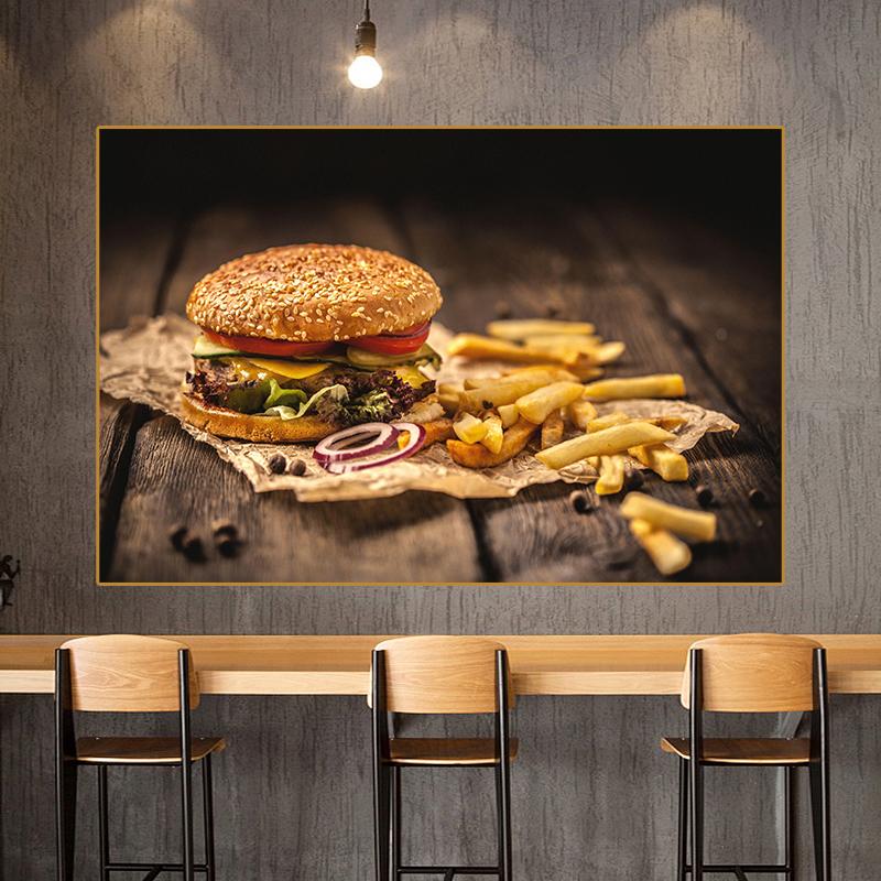 Amerikanischer Stil Fast-Food-Bilder, Leinwandgemälde, Hamburger, Pommes, Hot Dog, Poster und Drucke für Wohnzimmer, Küche, Wanddekoration