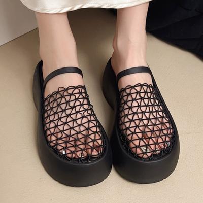 Fashion Vintage Mesh Cut-Out Closed Toe Platform Sandals Women Chunky Wedge Heel Beach Resort Slippers Summer Single Strap Outdoor Shoes