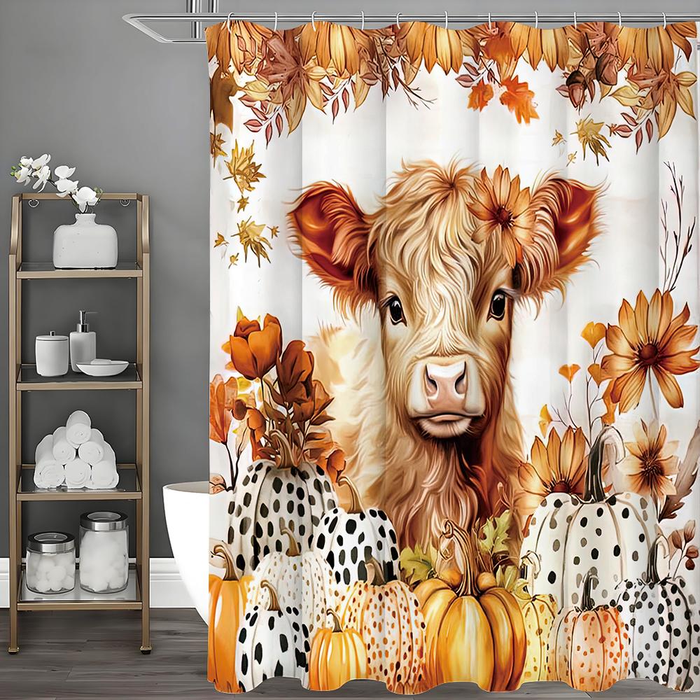 Fall Harvest Pumpkin Calf Floral Shower Curtain, Bathroom Decorative Shower Curtain, Waterproof Shower Curtain with Hooks