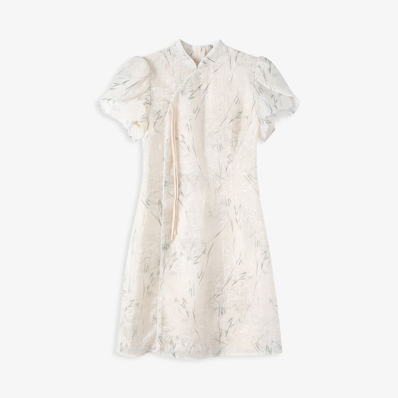 

Aozhi Country Green Chiffon New Chinese Style National Style Cheongsam Ink Bamboo Printed Puffed Sleeves Stand Collar Dress Female Summer FQ Green(In stock) M