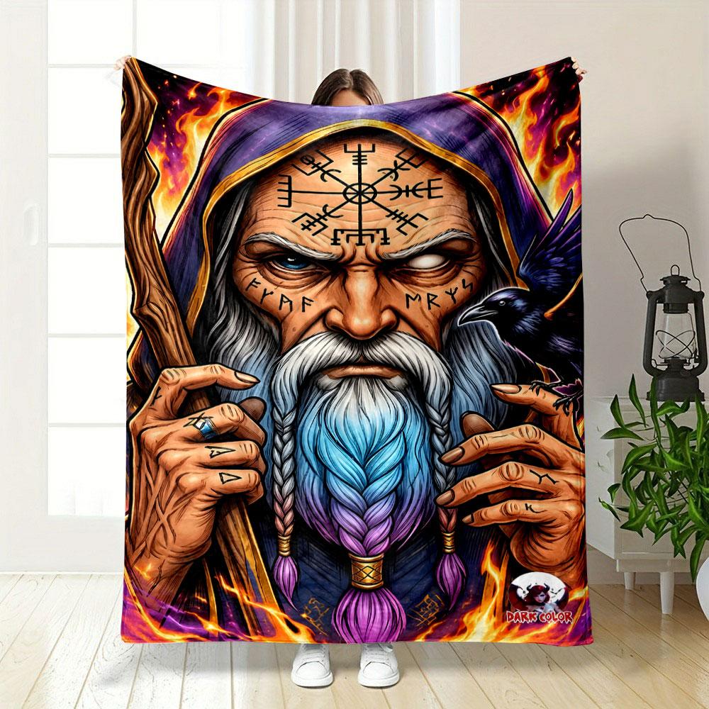 "Wizard with Runes & Raven" Patterned blanket, flannel, suitable for all seasons, home decor, warm and cozy