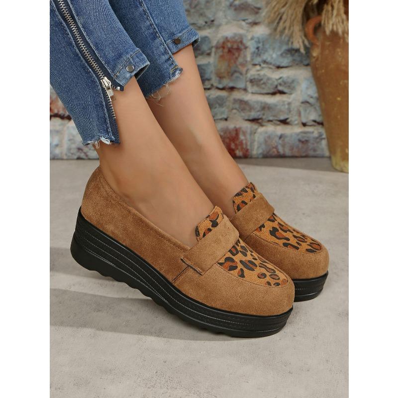 Leopard Wedge Loafers Women's New Suede Plus-size Platform Shoes for Autumn 2025