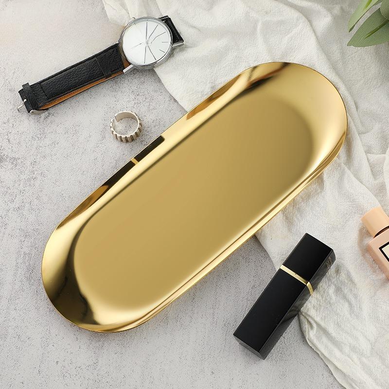 5 Stück Ins Style Hochästhetische Edelstahl Schmuckteller Kosmetik Metall Präsentierteller Ovalförmige Haushaltsaufbewahrungstabletts