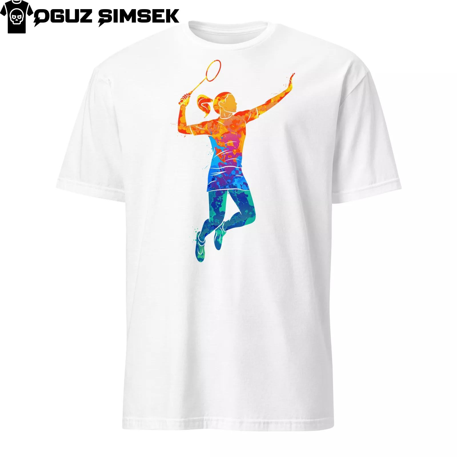 Abstract Colorful Silhouette Badminton Player Unisex T-Shirt Mens Womens Tees Top | Unique Design S