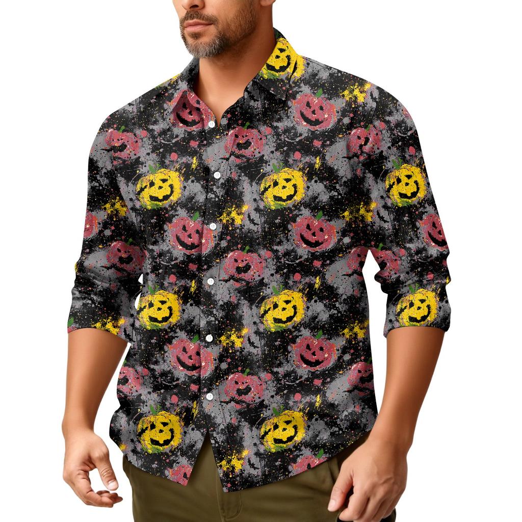 Camicia da uomo a maniche lunghe con bottoni, vestibilità ampia, casual, a tema Halloween, stampa, tessuto comodo e leggero