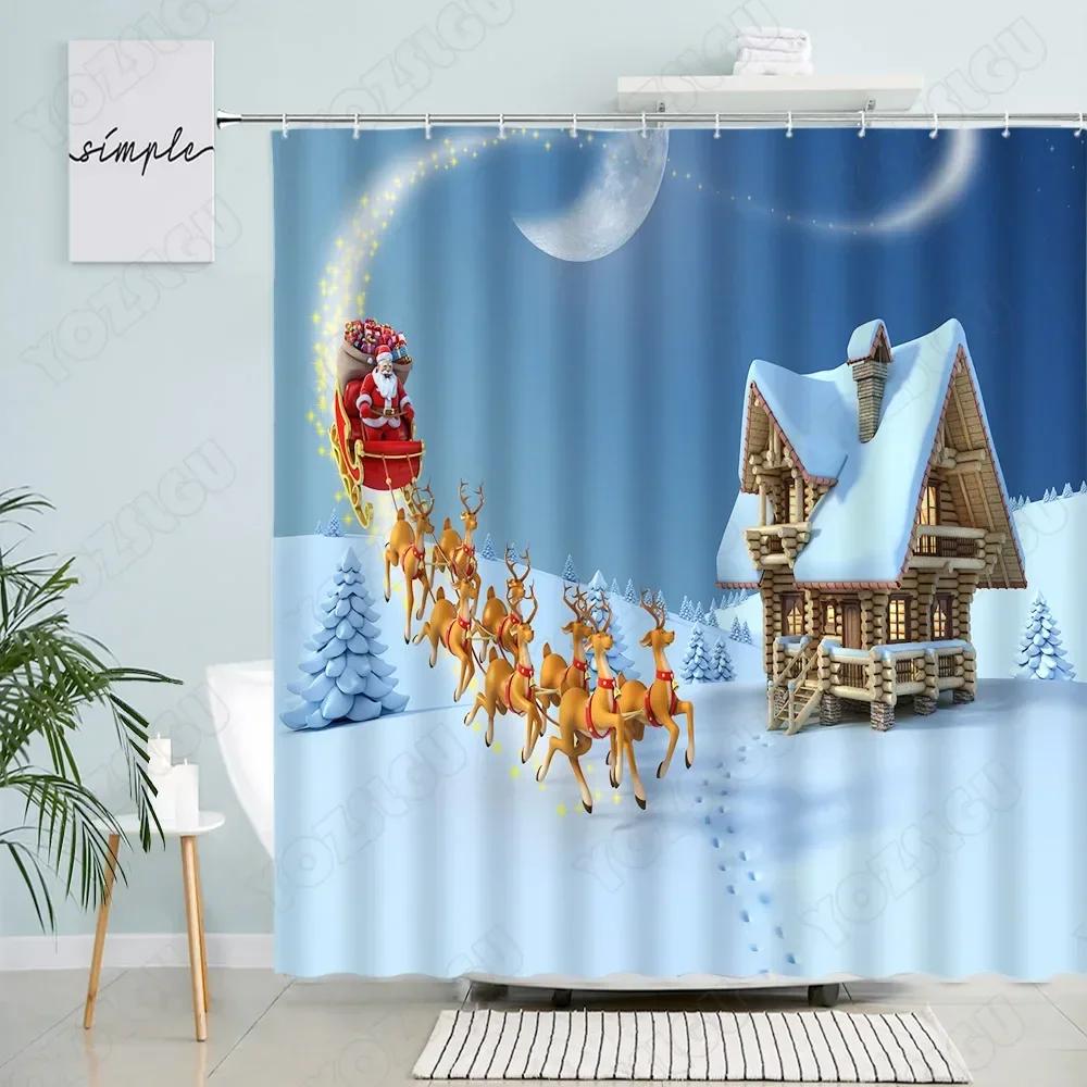 Christmas Shower Curtains Funny Santa Clause Elk Red Truck Moon Winter Landscape New Year Fabric Bathroom Decor Bath Curtain Set