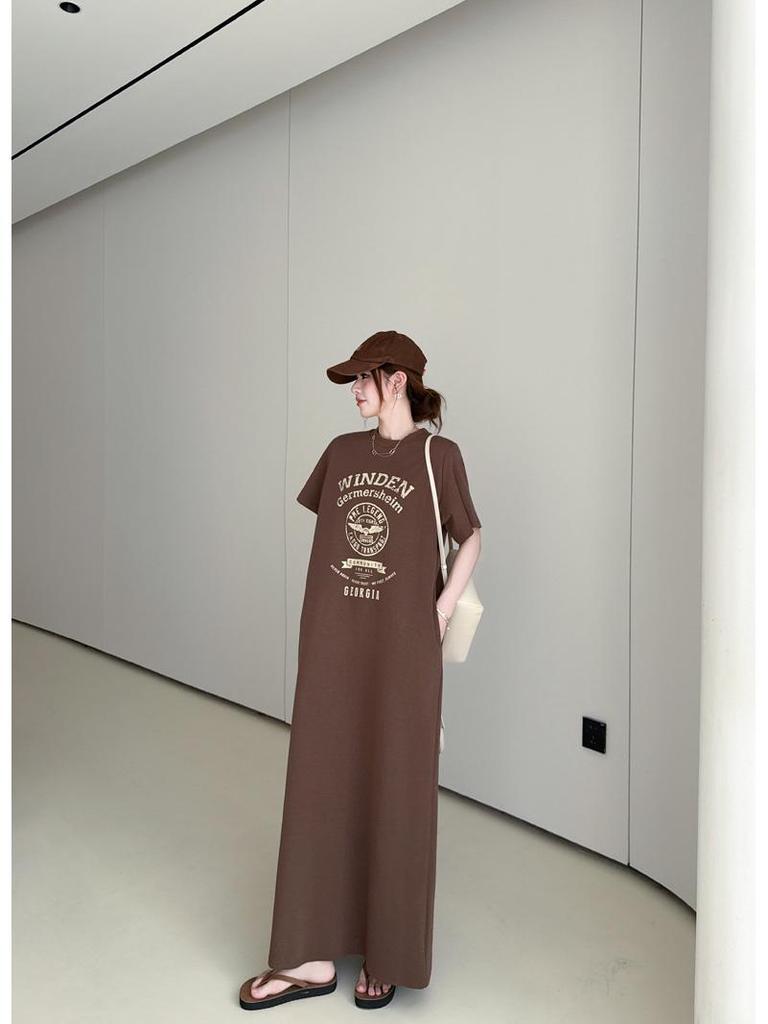 2026 Summer Fashion Women's Loose Short Sleeve Printed T-Shirt Dress - Over the Knee