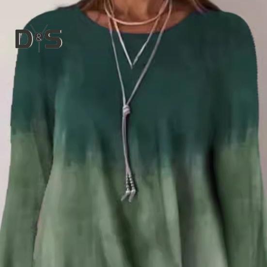 Women's Long Sleeve Dress Gradient Color Printed Dress Loose Fit Round Neck Pullover Dress for Daily Work Parties