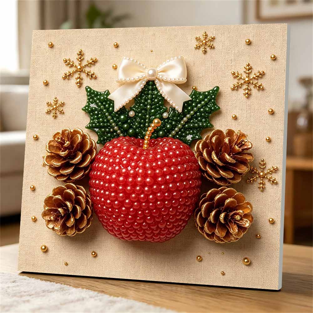 Premium Framed Pearl Art Kit with Christmas Apple Pinecone Pattern 5D Sparkling Bead Canvas DIY Relaxing Craft for Home Wall Decor Gift