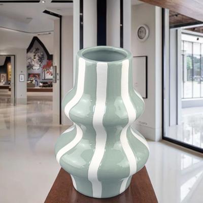 Ornamento Vaso de Vento Arranjo de Flores Sentido Avançado Cerâmica Criativa Cerâmica Pintada Vaso de Cerâmica Casa Vaso Listrado Verde e Branco