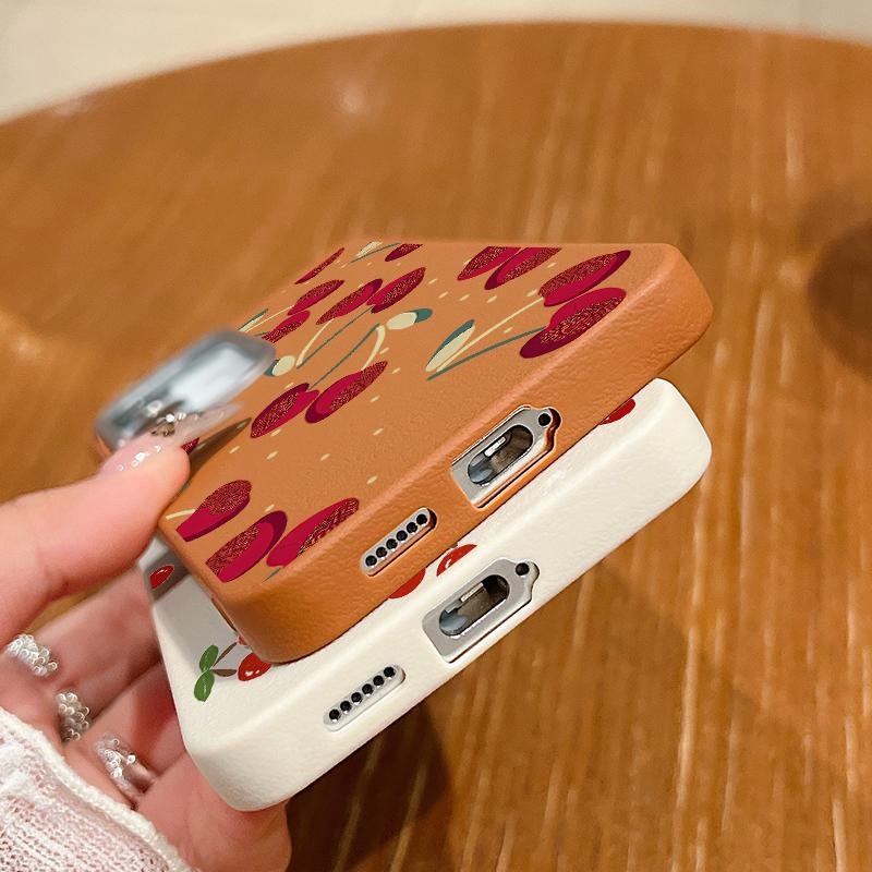 Cute Cherry Pattern TPU Leather Texture Slim Magnetic Case For Samsung S25 Ultra S24 FE S23 S22 S21 Wireless Charge Matte Shockproof Soft Phone Cover