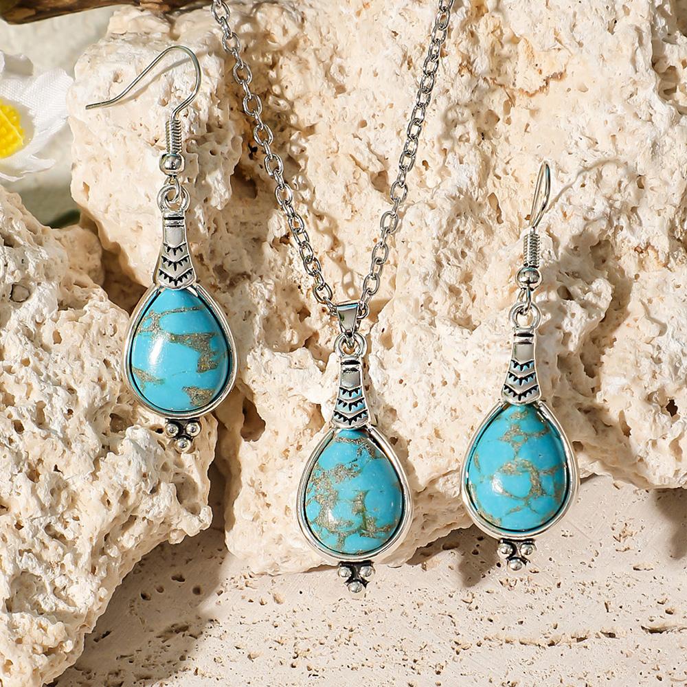 1Pcs Necklace + 1 Pair Earring Set for Women Girls Bohemia Assorted Style Antique Silver Turquoise Inlay Statement Decors Party