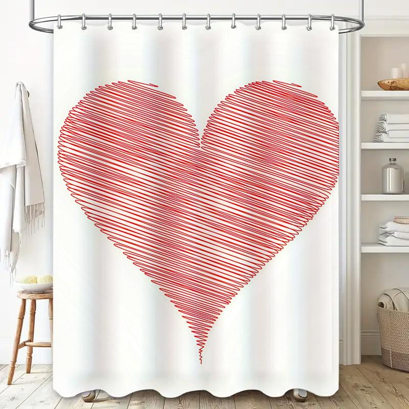Hand-Drawn Red Heart Shower Curtain - Waterproof, Mildew-Resistant, Machine Washable For Romantic Bathroom Decorns