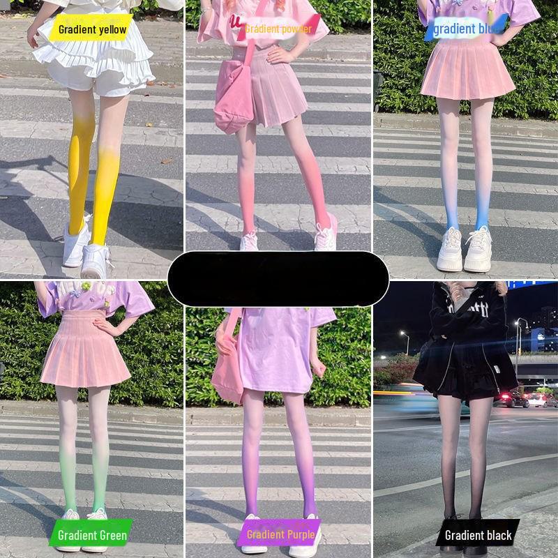 Lolita Stil Vita & Persika Gradient Strumpbyxor - Rosa och Svart Silkesfärg, Tunna med Kjol, Ren Åtrå.