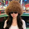 Fashionable Streetwear Headwear Women Curly Plush Hat, Fuzzy Winter Bucket Hat Scarf, Soft Cold Weather Accessories Fluffy Warm Mongolian for